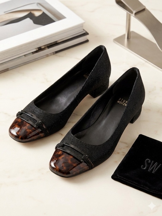 Stuart Weitzman Shoes - Stuart Weitzman Tortoise Toe Black Textured Low Heels - Sz 8.5